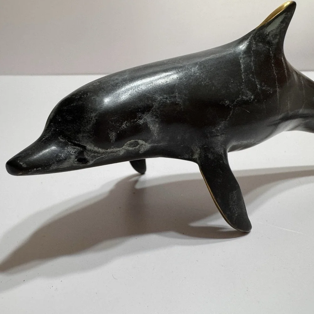 SPI San Pacific Int'l Brass Luck Of The Sea Dolphin Swimming Statue Figure Black